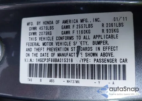2011 Honda Accord 3.5 Ex-L z USA, uszkodzony, nr VIN 1HGCP3F88BA015318